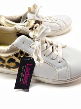 Bobbie Brooks Ladies' White Sneakers with Leopard Accent and Gold Trim